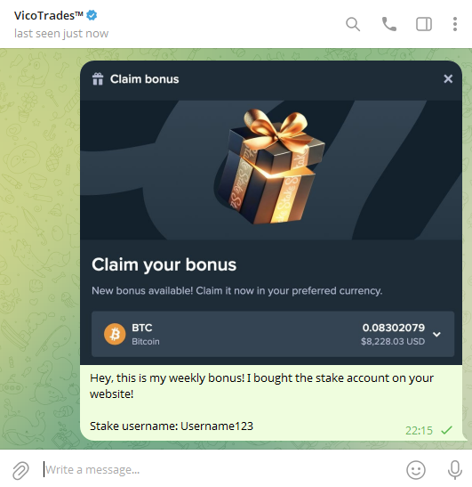 Telegram chat with VicoTrades sending a bonus screenshot